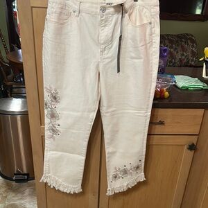 DG2 by Diane Gilman  Women's Cream Jeans with Floral Embroidery
